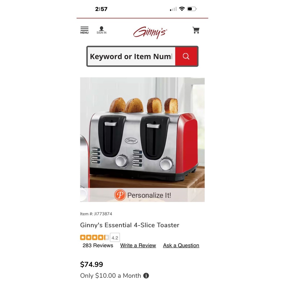 Ginny's Essential 4 Slice Toaster with 7 Browning Levels - Red